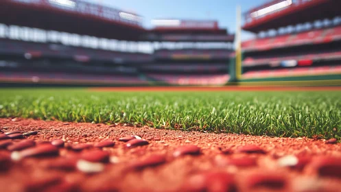 Low-angle baseball turf close-up with blurred stadium stands.