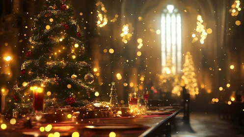 Cathedral banquet hall glowing with festive Christmas decor.