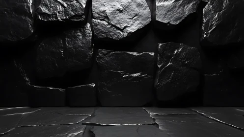 Specular black stone wall with tessellated slab floor surface.