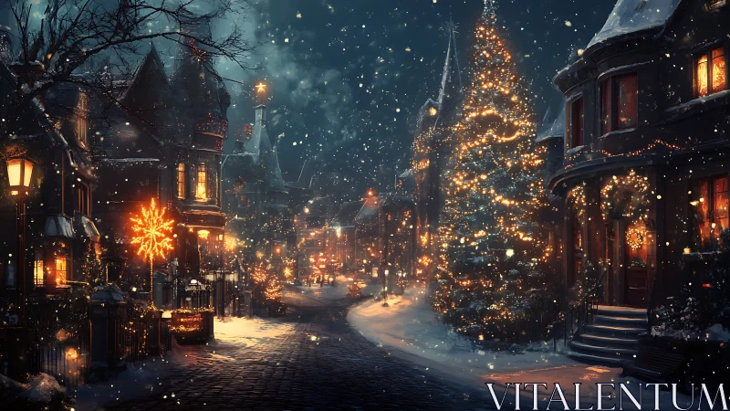 Snowy Christmas street glows with festive lights and warmth.