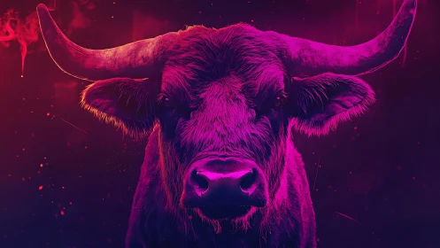 Neon-gradient cyber bull portrait in symmetrical frontal framing.