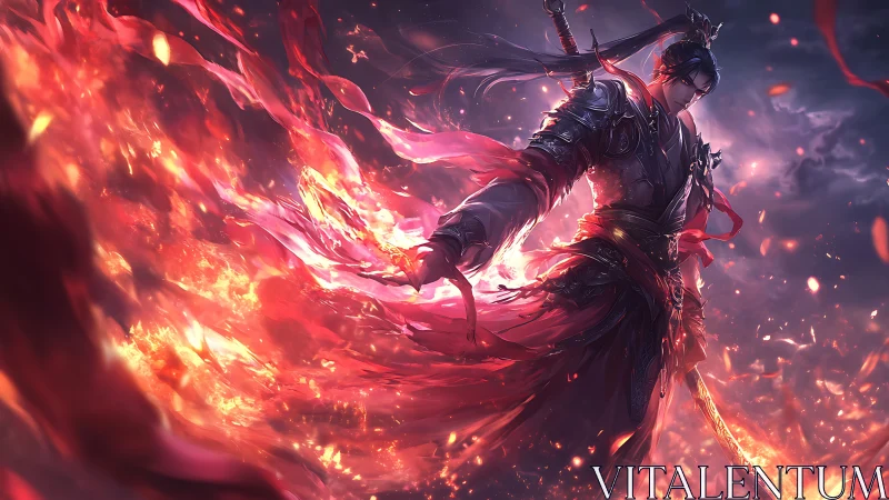 Fire-wreathed warrior strides through swirling crimson power.