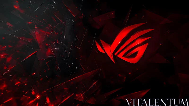 Futuristic ROG Logo with Red Shattered Glass Digital Art Background.