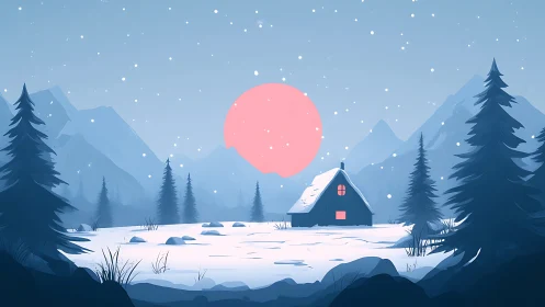 Minimalist winter cabin under stylized pink sun disk