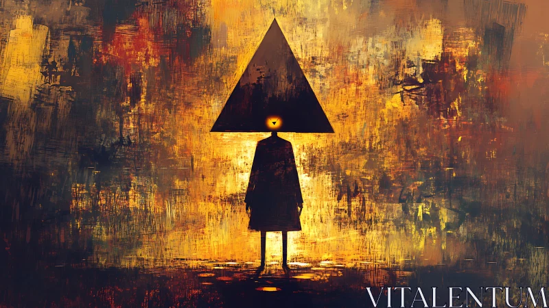 Mysterious triangle-headed figure glows softly in painted light