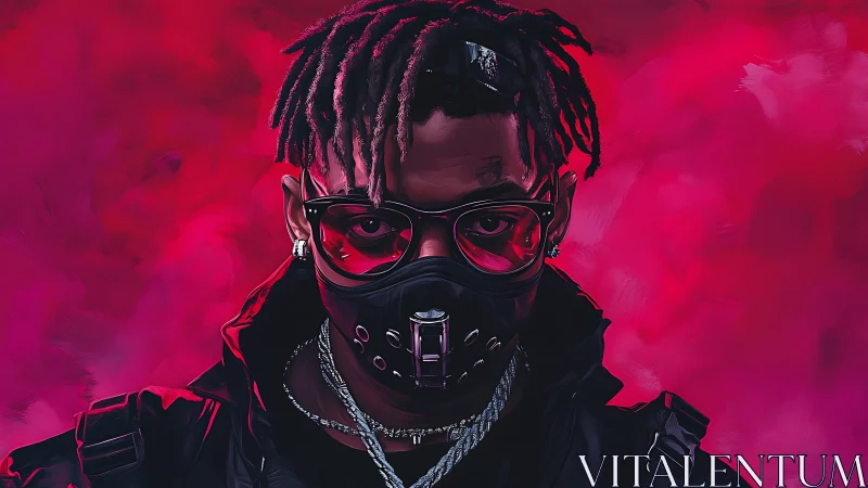 Masked cyberpunk portrait glows in intense neon crimson haze