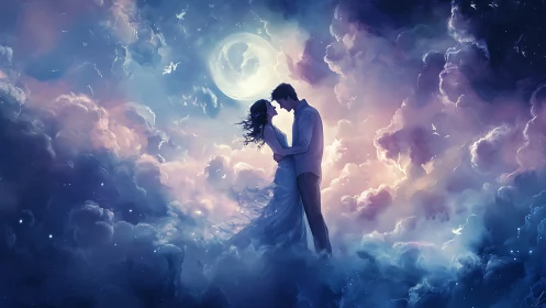Celestial Embrace: Couple Dancing Among Moonlit Clouds.