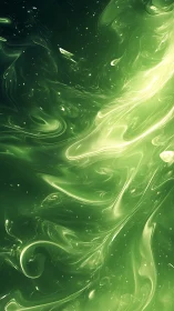 Luminous green fluid nebula swirls through deep shadow field