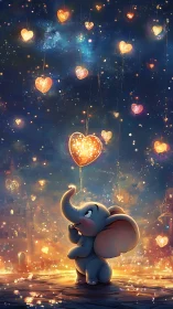 Tiny elephant gazes up as glowing heart lanterns drift by