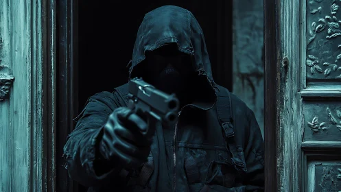 Hooded gunman in teal doorway, tension-drenched encounter.