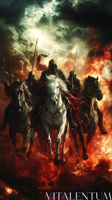 Armored riders charging through apocalyptic inferno skies.