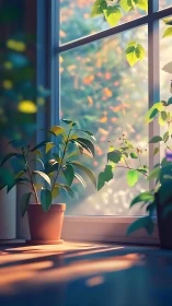 Sunlit potted plants by a bright window in soft focus.