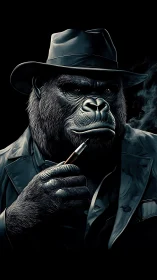 Noir-drenched gorilla detective in smoky fedora portrait.