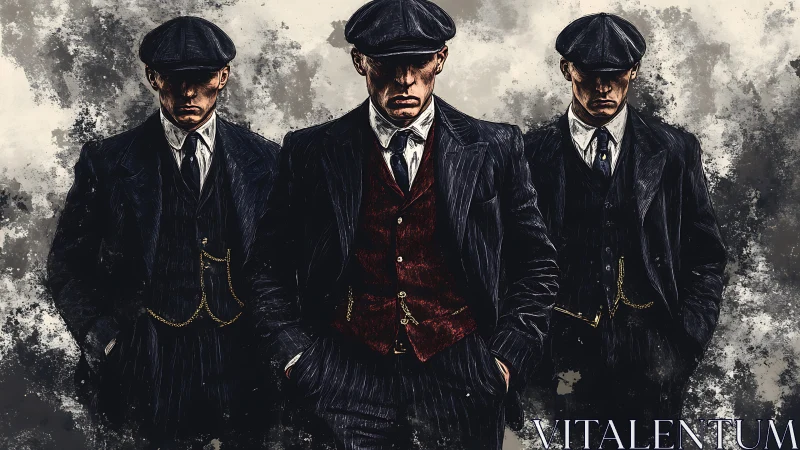 Three stern men in vintage suits and caps stand in line.