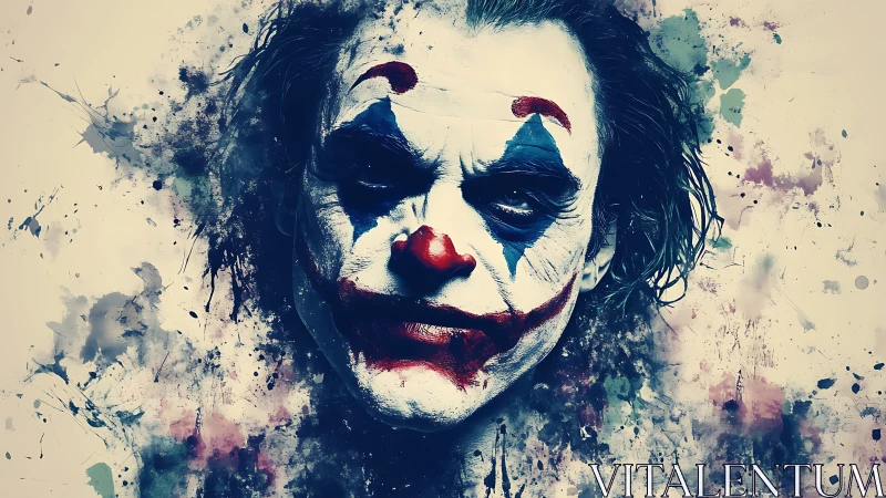 Brooding clown portrait in chaotic watercolor splashes.