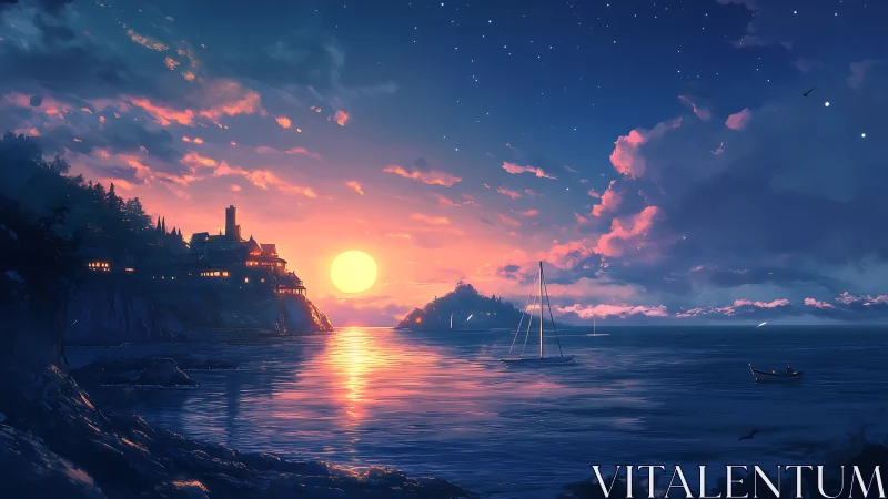 Sunset bay glows beside a cliffside village and sailing boats.