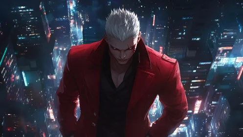 Midnight sentinel in crimson coat above neon city streets.