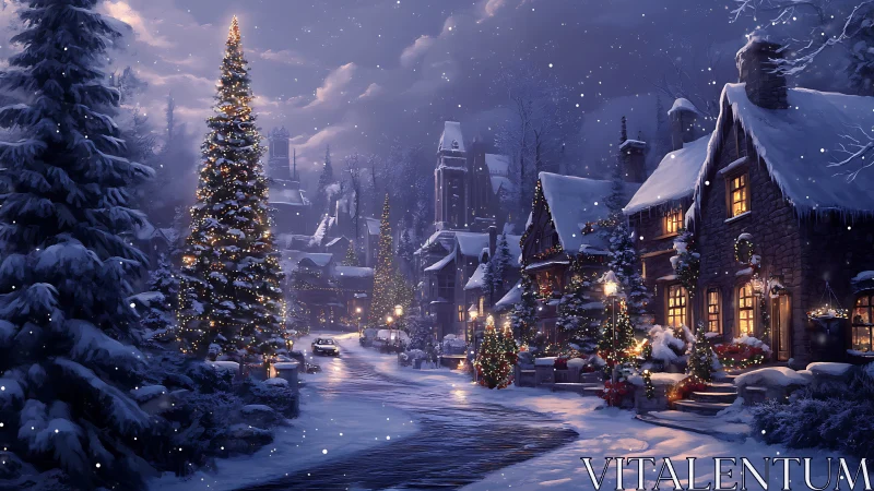 Snowy village street glows under festive winter lights.