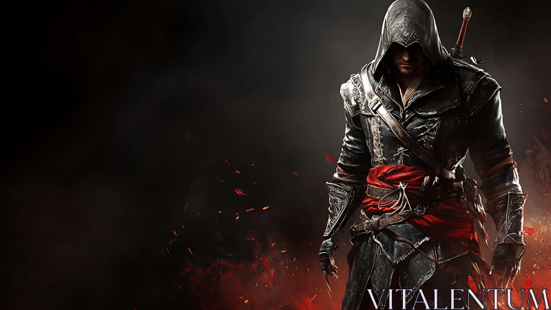 Hooded rogue in articulated leather armor amid ember-lit darkness