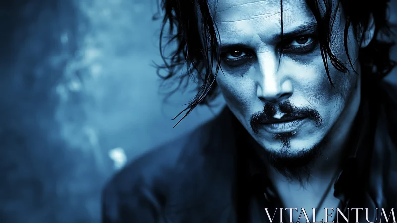 Intense blue portrait of brooding man in dramatic light.