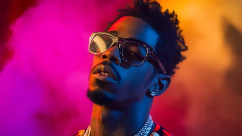 Portrait of stylish man under neon gradient studio lighting.