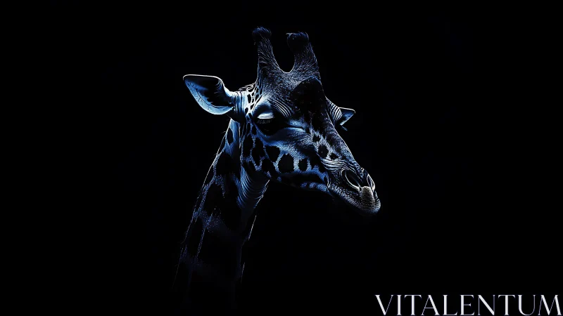 Low key neon-lit giraffe portrait with high contrast lighting.