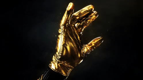 Gold metallic glove hand raised against dark background