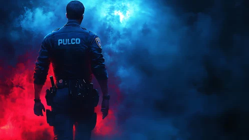 Midnight officer strides between red heat and blue hush