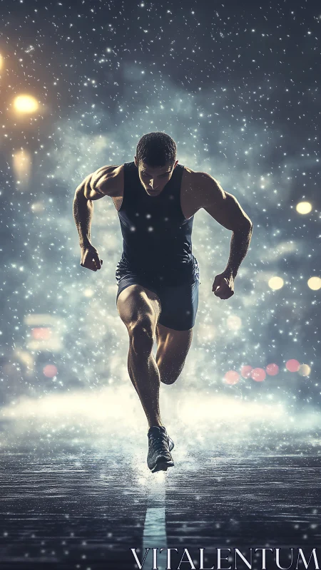 Night street sprinter charging through illuminated snowfall.