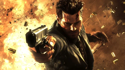 Gunman in suit firing handgun amid bright explosion.