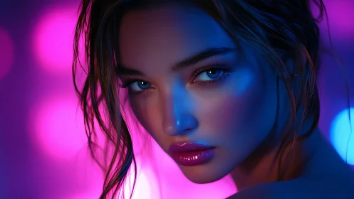 Neon portrait shows intense gaze under dual color lighting
