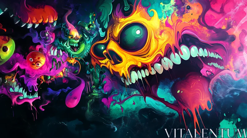 Neon cosmic skulls in swirling psychedelic meltdown.