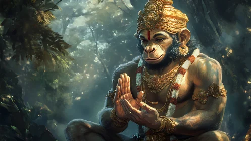 Divine simian warrior in ornate gold armor meditating in jungle.