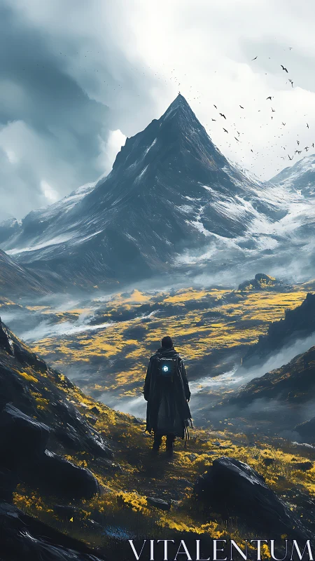 Solitary figure stands before towering snowlit mountain