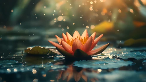 Water lily in cinematic dusk rain with glowing bokeh light.