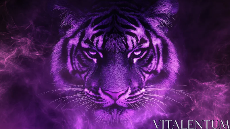 Neon dusk tiger emerges through swirling violet smoke.