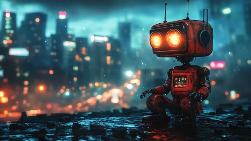 Rusty robot meditates in neon soaked futuristic cityscape.