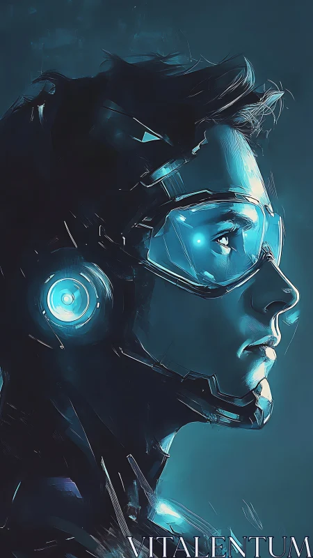 Cybernetic pilot profile in neon blue exosuit portrait.