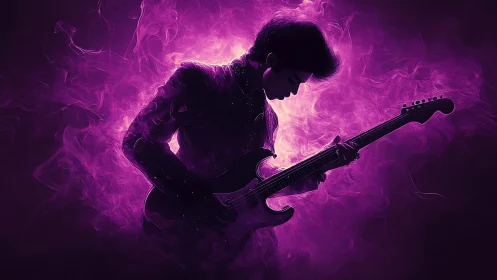 Electric guitarist in vibrant purple smoke silhouette.