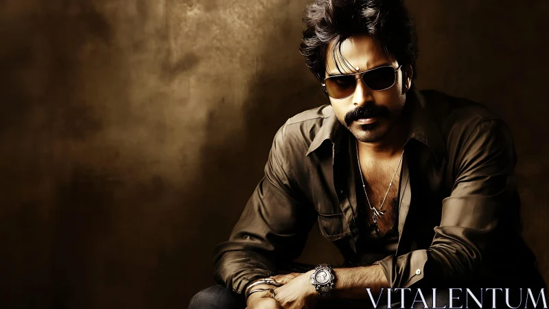 Confident man in sunglasses sits in warm golden light