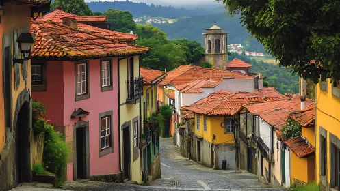 Terraced Iberian lane with tiled roofs and distant bell tower.