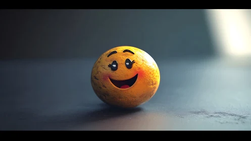 3D character orange with emotive face on cinematic surface.