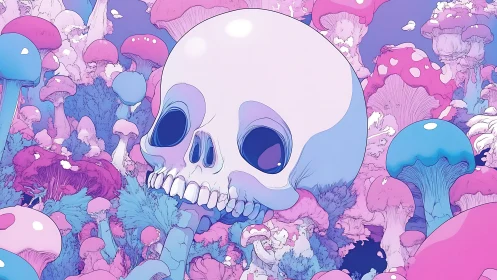 Human skull rests among bioluminescent pastel mushrooms