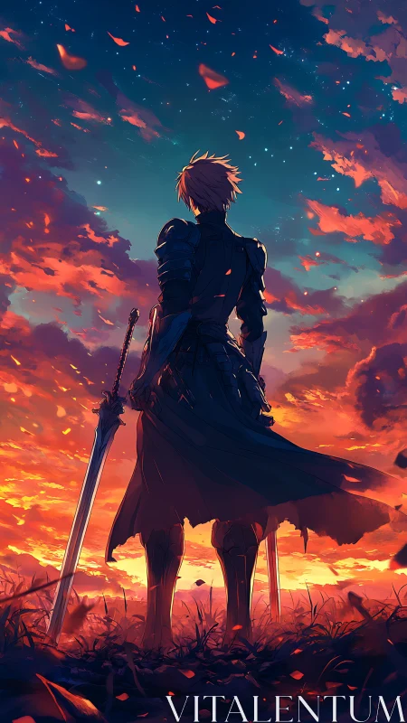 Armored swordsman watching vivid sunset sky in silence.