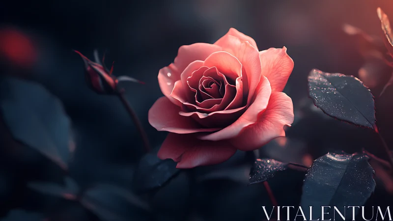 Coral pink rose rendered with dramatic backlighting and mist