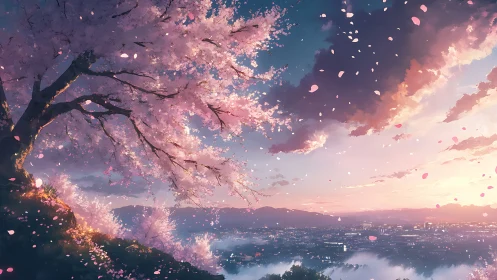 Atmospheric sakura hillside over luminous twilight cityscape.