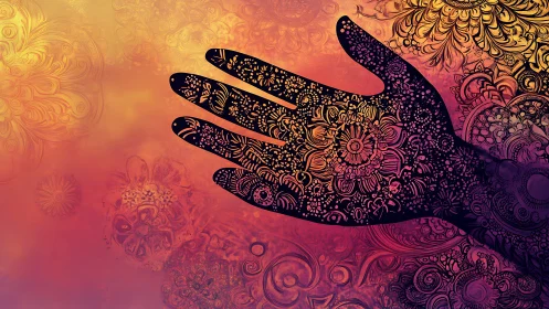 Ornamental silhouette hand over radial floral gradient field.