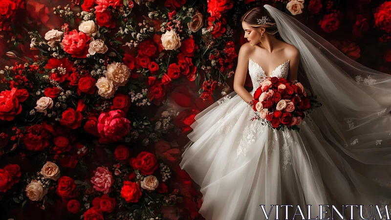 Bride in lace gown rests amid dramatic wall of red roses