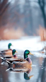 Mallard drakes gliding on icy winter river at dawn.
