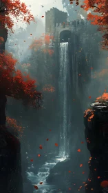 Ancient cliffside fortress channels a hidden waterfall cascade.